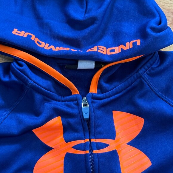 Under Armour Hoodie Boys 4 Navy Neon Orange Full Zip Long Sleeves Logo Pockets - Picture 3 of 9